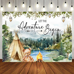 Aperturee - Forest Mountain Tent Teddy Bear Baby Shower Backdrop