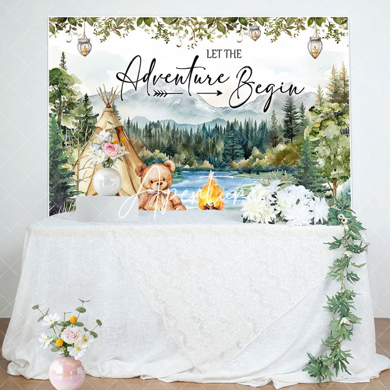 Aperturee - Forest Mountain Tent Teddy Bear Baby Shower Backdrop