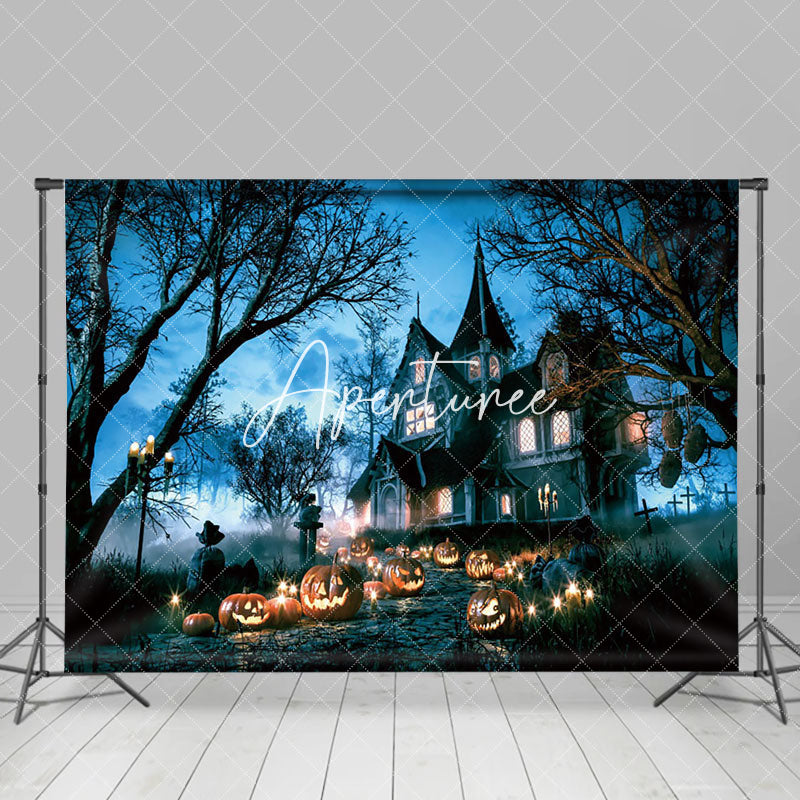 Aperturee - Forest Villa Pumpkin Dark Color Halloween Holiday Backdrop