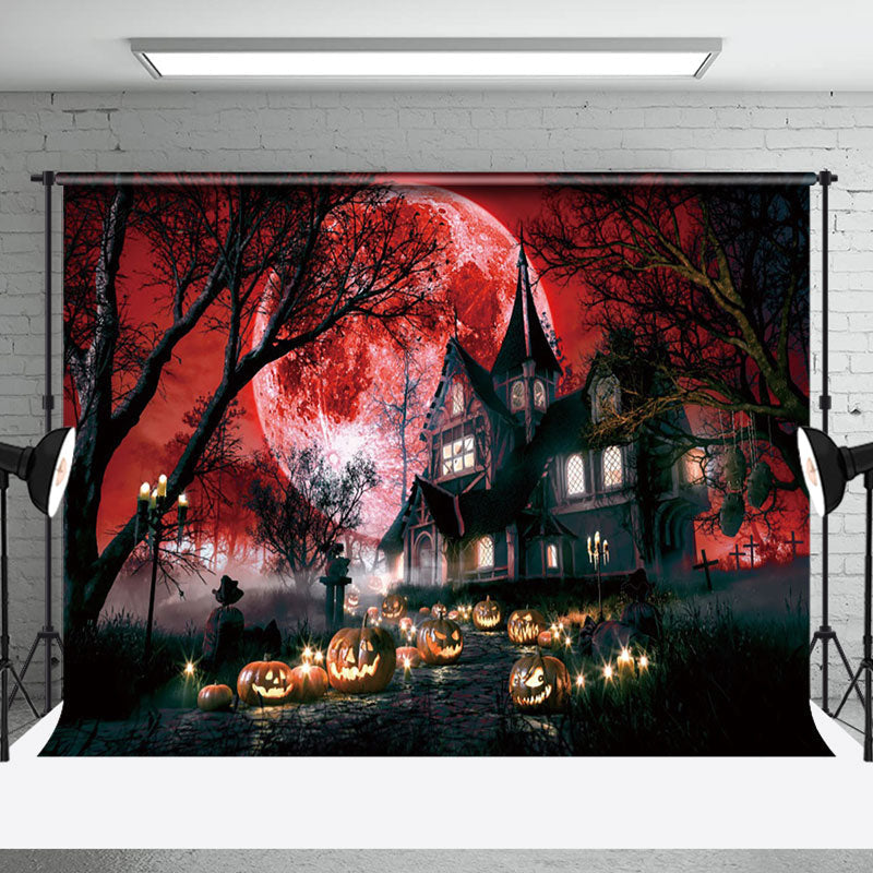 Aperturee - Forest Villa Pumpkin Red Bloody Moon Halloween Backdrop