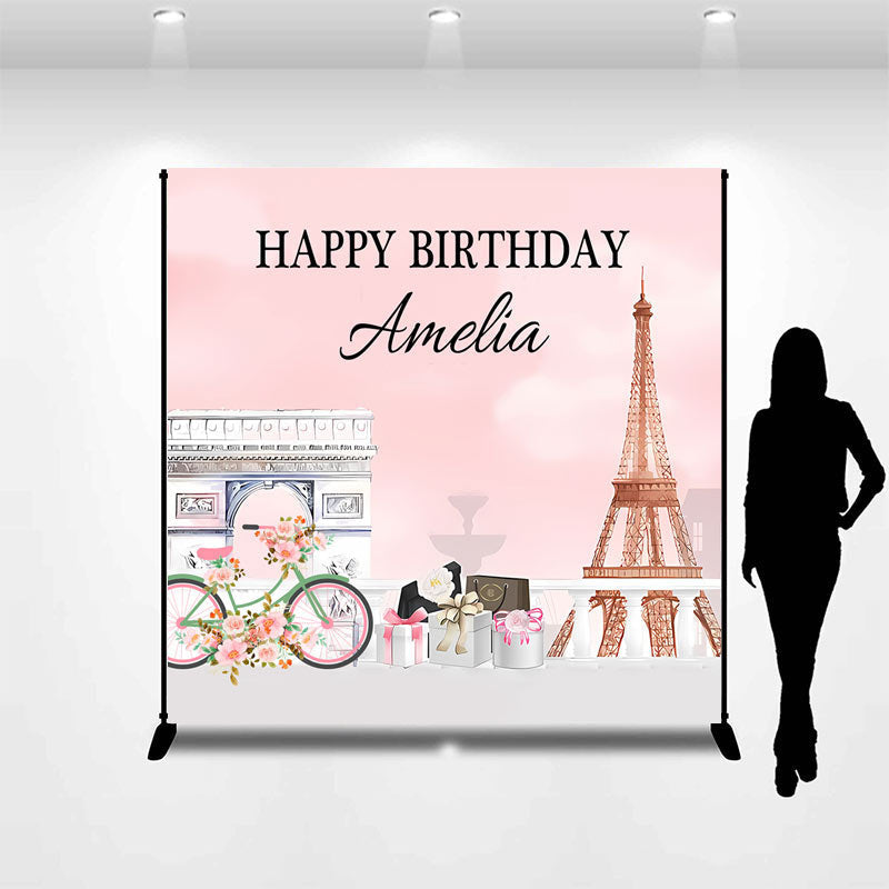 Aperturee - French Eiffel Tower Pink Custom Birthday Backdrop