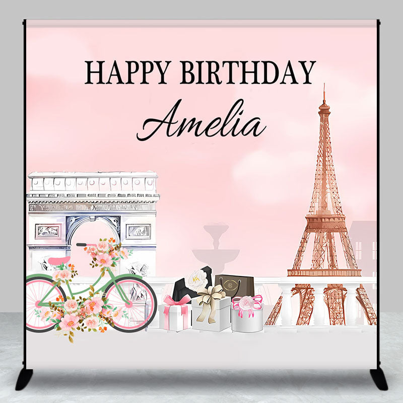 Aperturee - French Eiffel Tower Pink Custom Birthday Backdrop