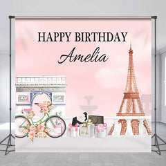 Aperturee - French Eiffel Tower Pink Custom Birthday Backdrop