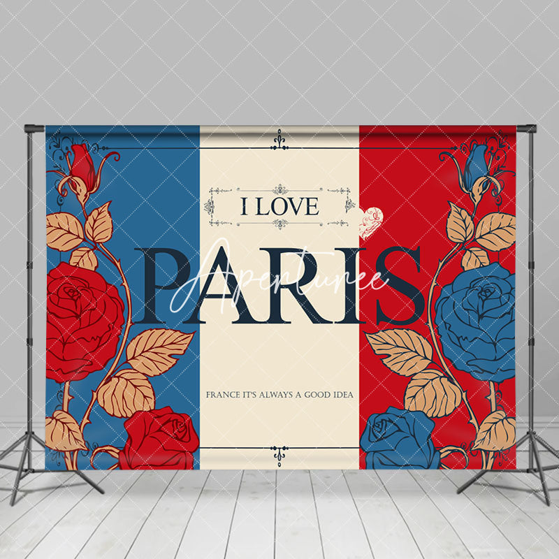 Aperturee - French Flag Vintage Postcard I Love Paris Backdrop