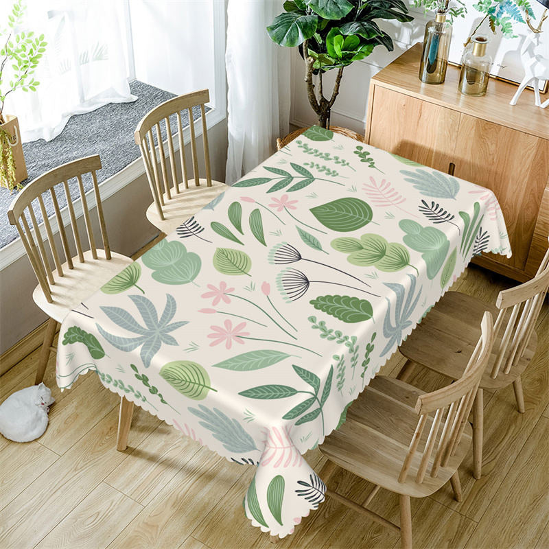 Aperturee - Fresh Green Leaves Pink Flower Rectangle Tablecloth