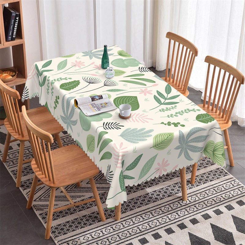 Aperturee - Fresh Green Leaves Pink Flower Rectangle Tablecloth