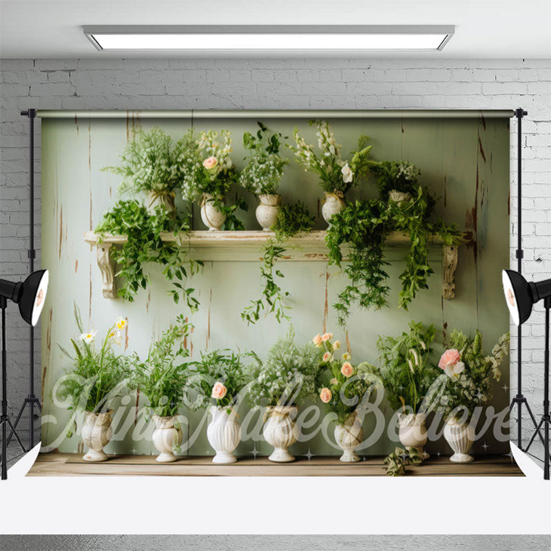 Aperturee - Fresh Green Leaves White Flowerpot Spring Backdrop