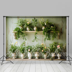 Aperturee - Fresh Green Leaves White Flowerpot Spring Backdrop