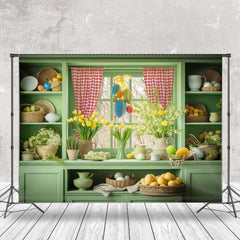 Aperturee - Fresh Green Shelf Window Floral Eggs Easter Backdrop