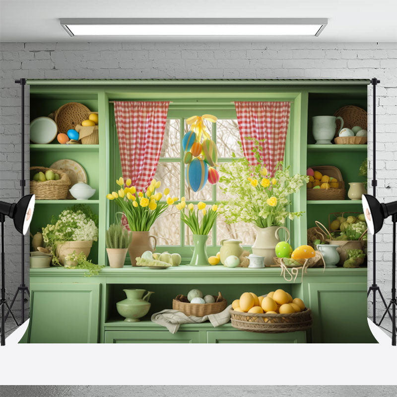 Aperturee - Fresh Green Shelf Window Floral Eggs Easter Backdrop