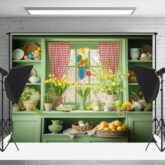 Aperturee - Fresh Green Shelf Window Floral Eggs Easter Backdrop