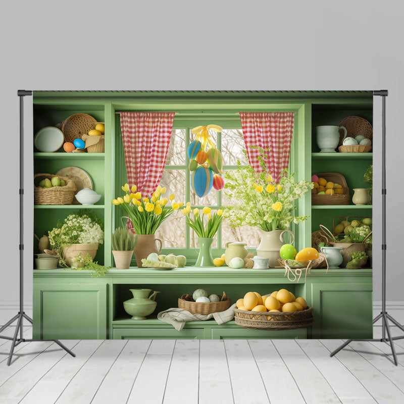 Aperturee - Fresh Green Shelf Window Floral Eggs Easter Backdrop