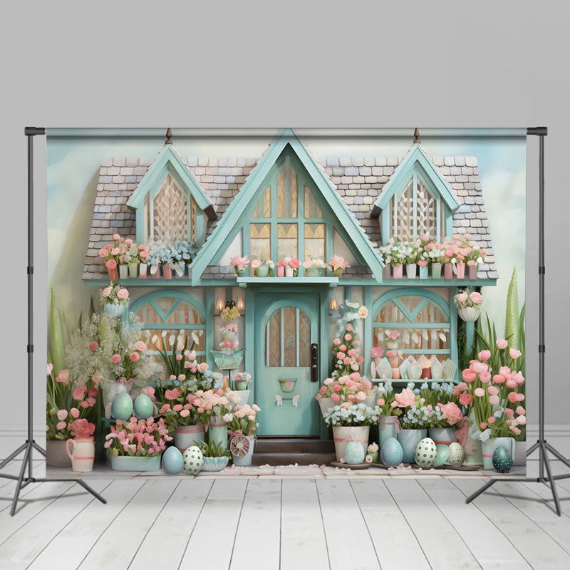 Aperturee - Fresh Pink Flowers Eggs Blue House Easter Backdrop