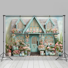 Aperturee - Fresh Pink Flowers Eggs Blue House Easter Backdrop