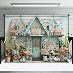 Aperturee - Fresh Pink Flowers Eggs Blue House Easter Backdrop