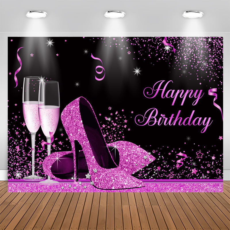 Aperturee - Fuchsia And Black Glitter High-Heel Birthday Backdrop