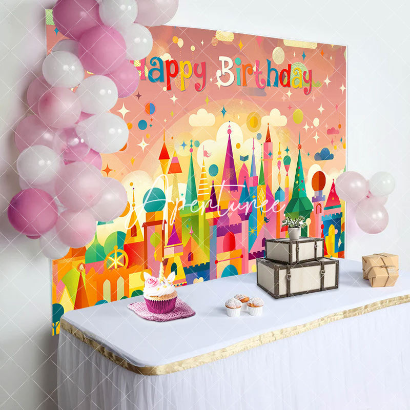 Aperturee - Funny Colorful Castle Cloud Happy Birthday Backdrop