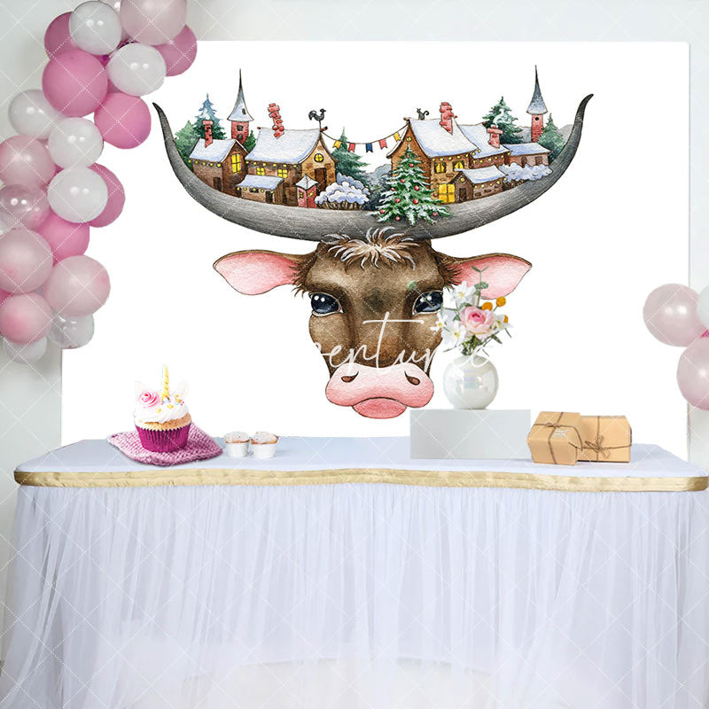 Aperturee - Funny Cow Head Snowtown White Birthday Backdrop