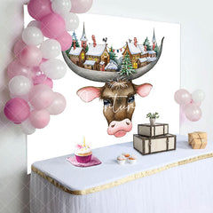 Aperturee - Funny Cow Head Snowtown White Birthday Backdrop