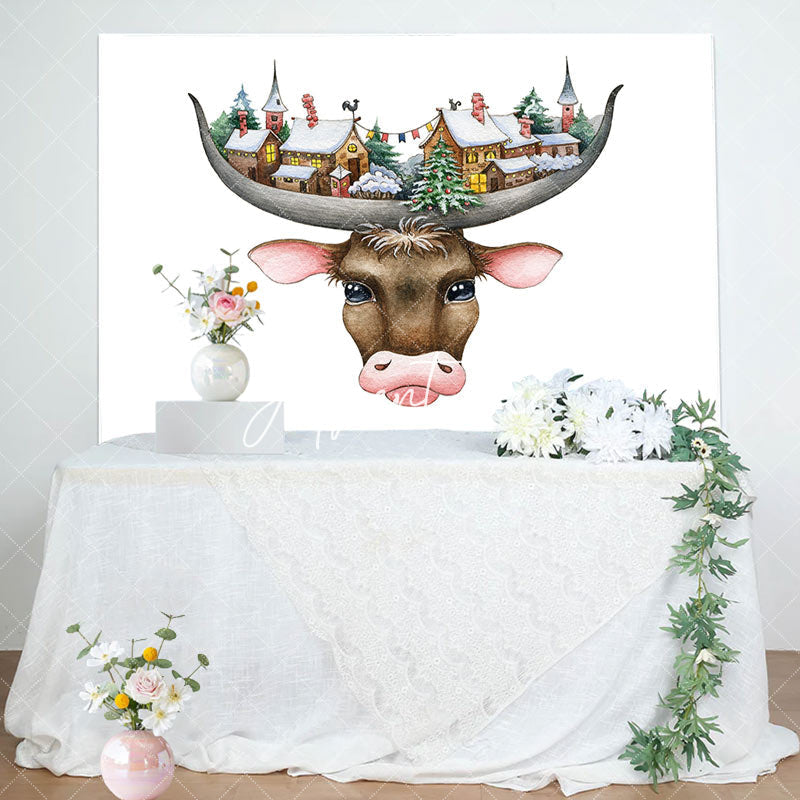 Aperturee - Funny Cow Head Snowtown White Birthday Backdrop