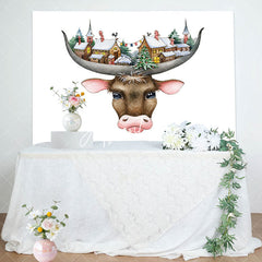 Aperturee - Funny Cow Head Snowtown White Birthday Backdrop