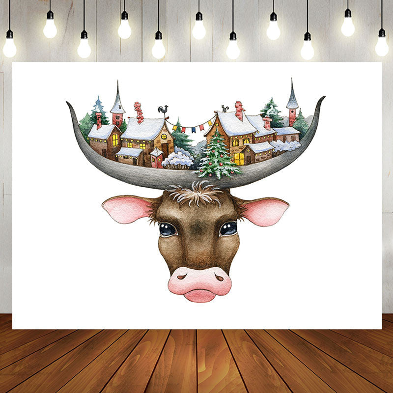 Aperturee - Funny Cow Head Snowtown White Birthday Backdrop