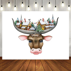 Aperturee - Funny Cow Head Snowtown White Birthday Backdrop