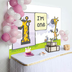 Aperturee - Funny Giraffa Snails Grassland 1st Birthday Backdrop