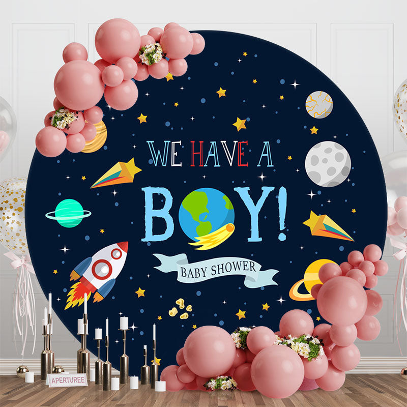 Aperturee - Galaxy Planet Rocket Round Baby Shower Backdrop For Boy