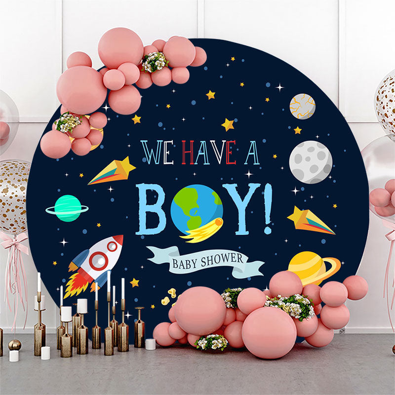 Aperturee - Galaxy Planet Rocket Round Baby Shower Backdrop For Boy