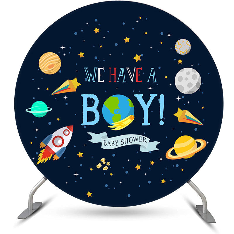 Aperturee - Galaxy Planet Rocket Round Baby Shower Backdrop For Boy