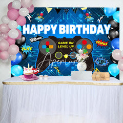 Aperturee - Gamepad Blue Black Balloon Happy Birthday Backdrop