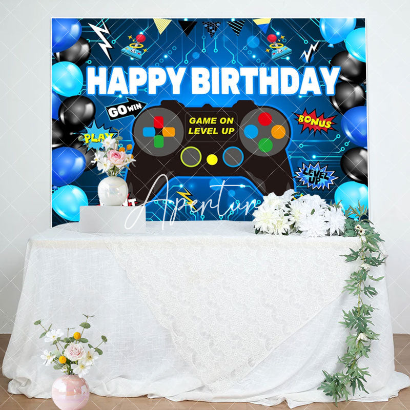 Aperturee - Gamepad Blue Black Balloon Happy Birthday Backdrop