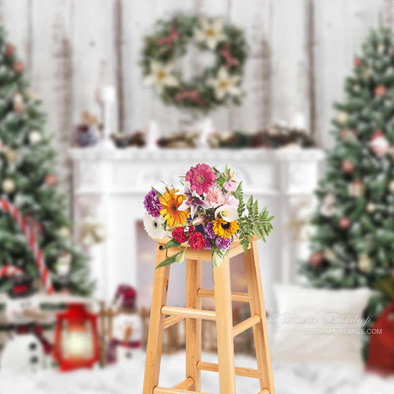 Aperturee - Garland Snowman Fireplace Christmas Tree Backdrop