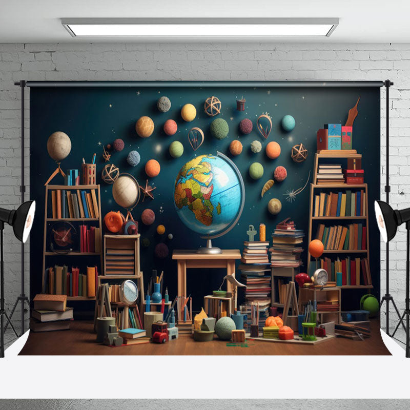 Aperturee - Geography Bookcase Globe Retro Wall Photo Backdrop