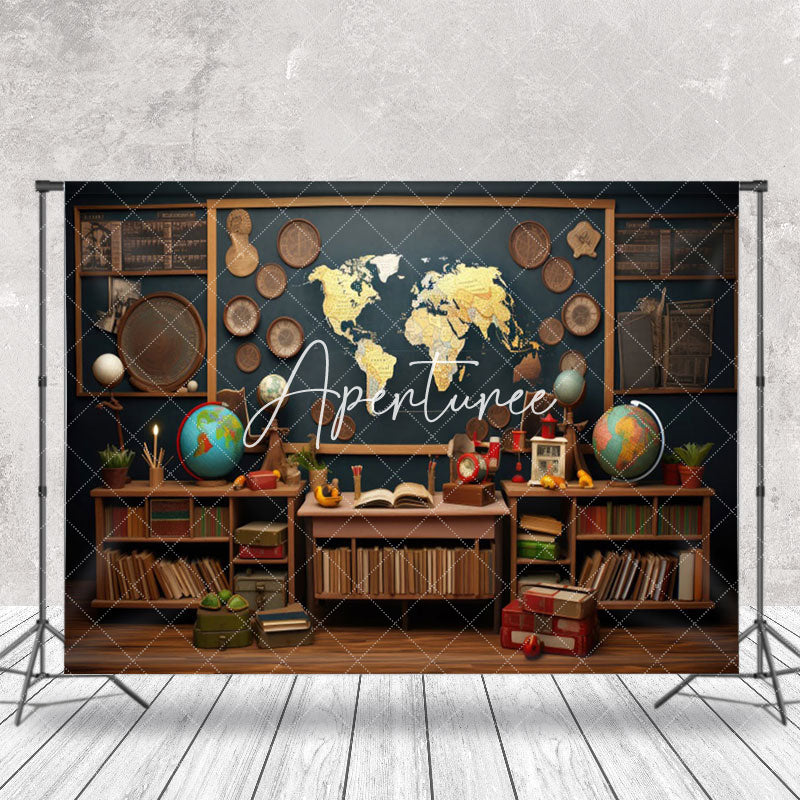 Aperturee - Geography Globe Blackboard Books Retro Wall Backdrop