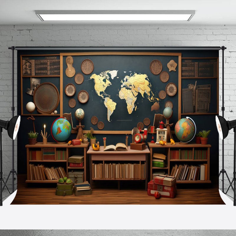 Aperturee - Geography Globe Blackboard Books Retro Wall Backdrop