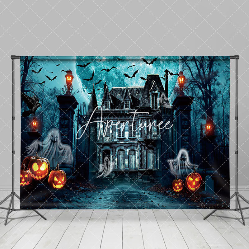 Aperturee - Ghost Manor Moon Night Pumpkin Horror Halloween Backdrop