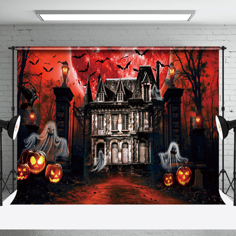 Aperturee - Ghost Manor Moon Night Red Horror Moon Halloween Backdrop