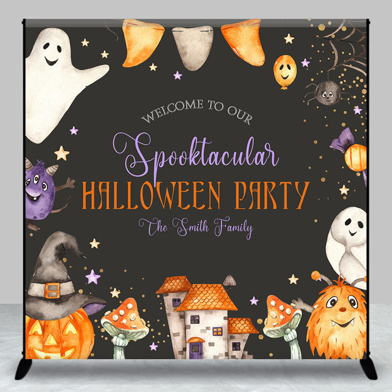 Aperturee - Ghosts Pumpkin Black Custom Halloween Party Backdrop