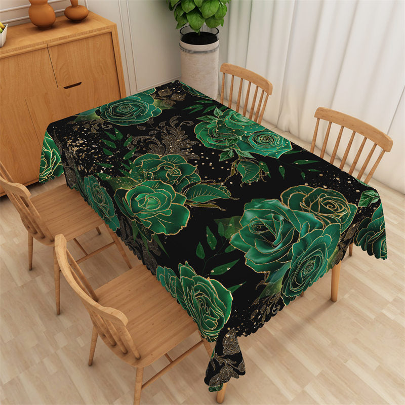 Aperturee - Gilt Green Big Flower Black Rectangle Tablecloth