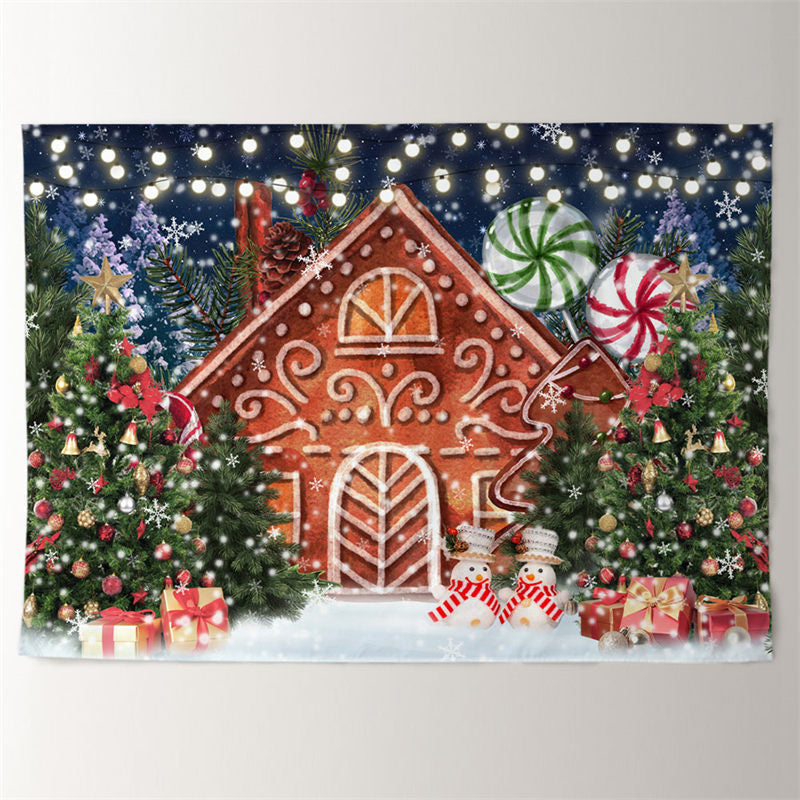 Aperturee - Gingerbread House Candy Tree Snow Xmas Backdrop