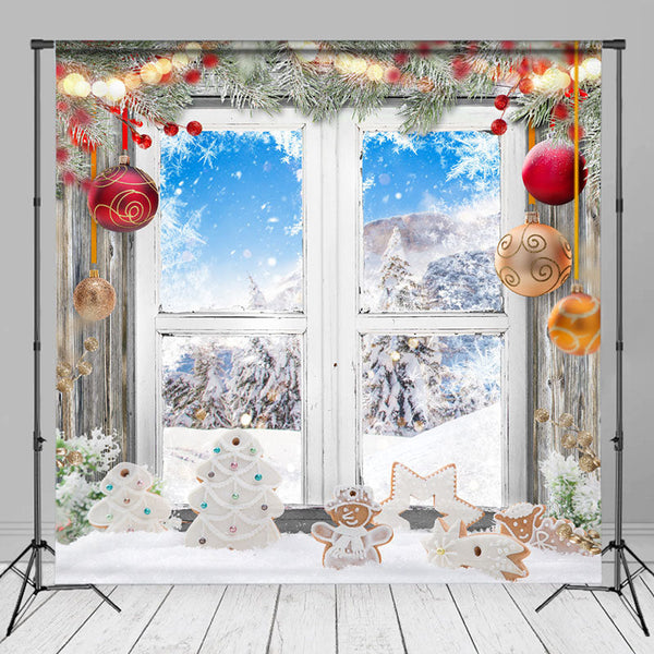 Gingerbread Pine Leaves Window Christmas Backdrop - Aperturee