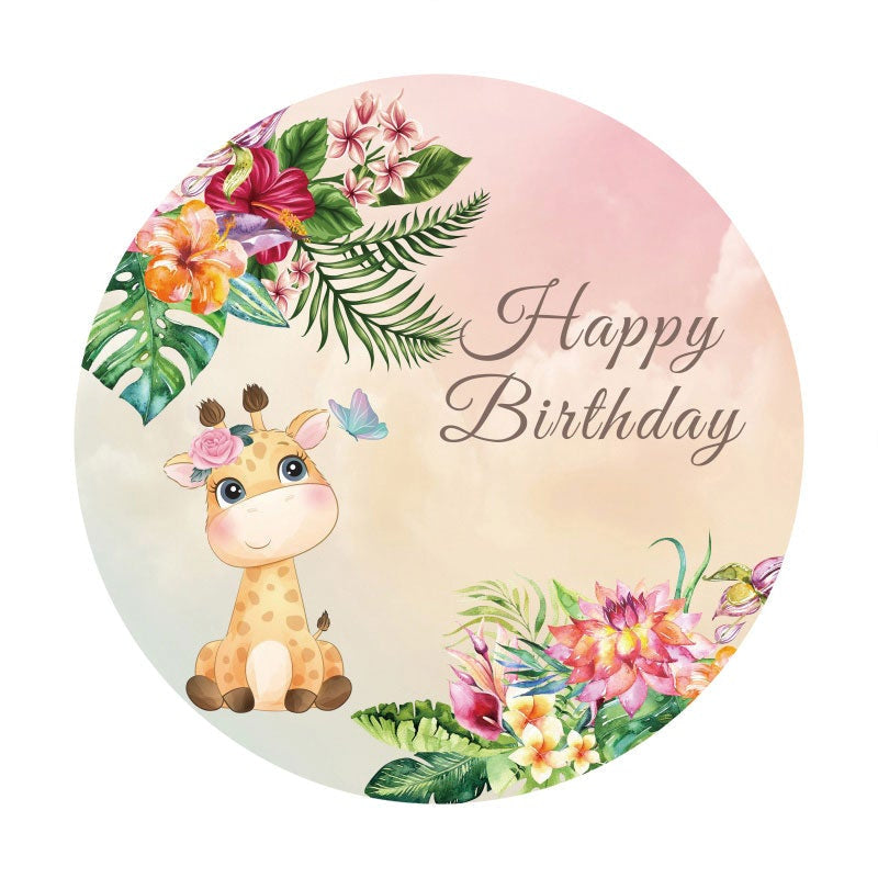 Aperturee - Giraffe With Floral Round Happy Birthday Party Backdrop