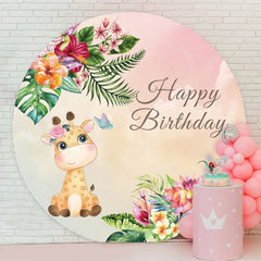 Aperturee - Giraffe With Floral Round Happy Birthday Party Backdrop