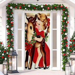 Aperturee - Girl And Sika Deer Painting Christmas Door Cover