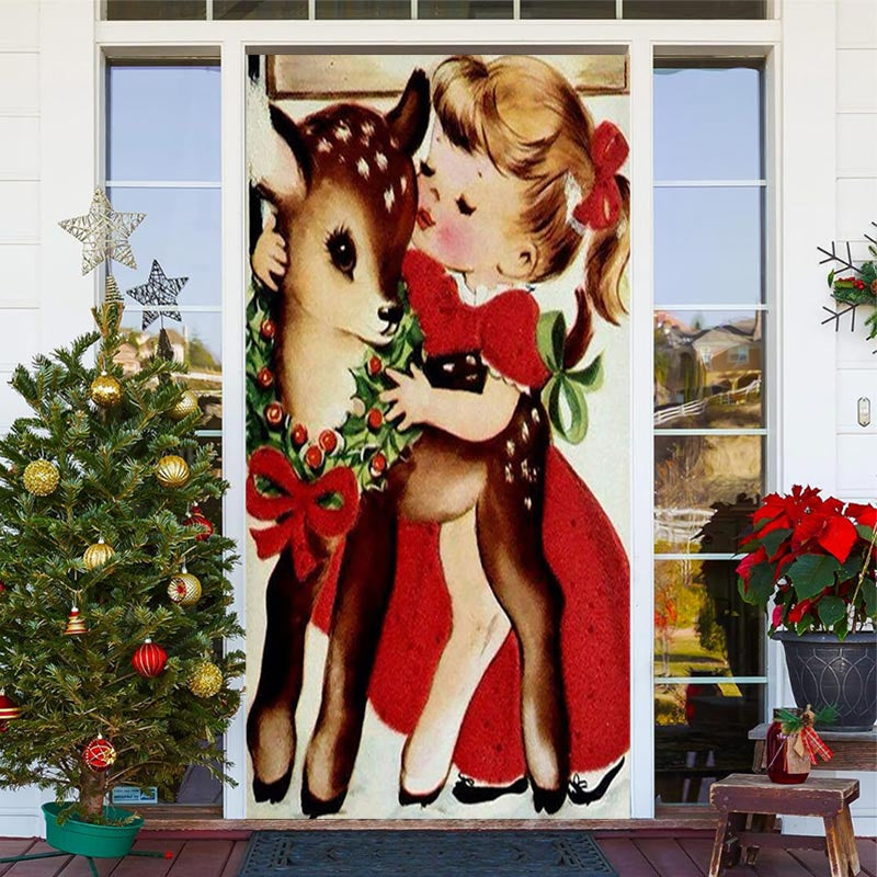 Aperturee - Girl And Sika Deer Painting Christmas Door Cover