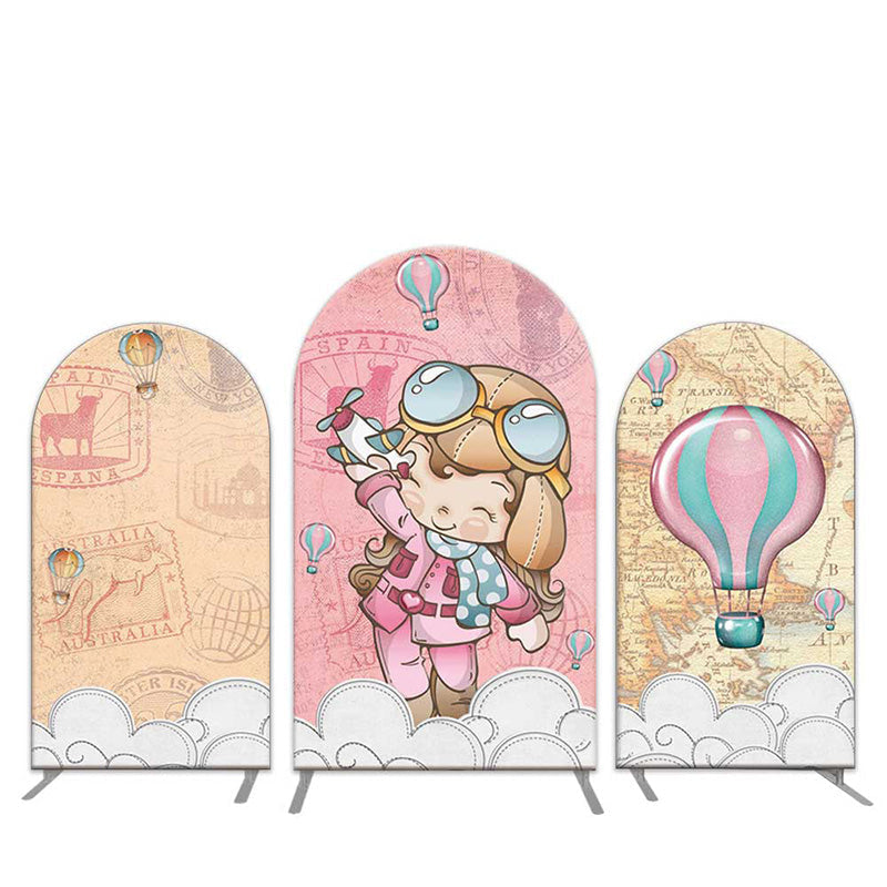 Aperturee Girl Aviator Hot Air Balloon Travel Arch Backdrop Kit