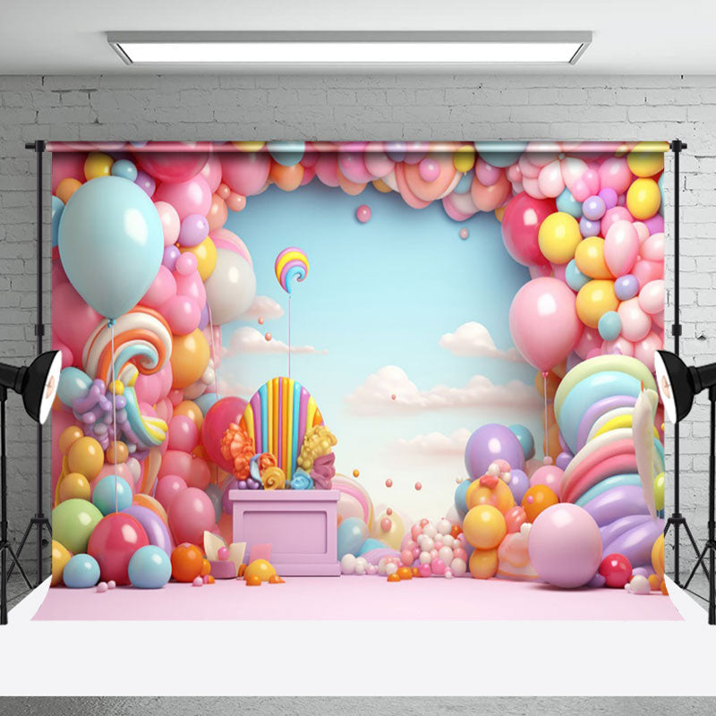 Aperturee - Girl Balloons Birthday Cake Smash Photo Backdrop