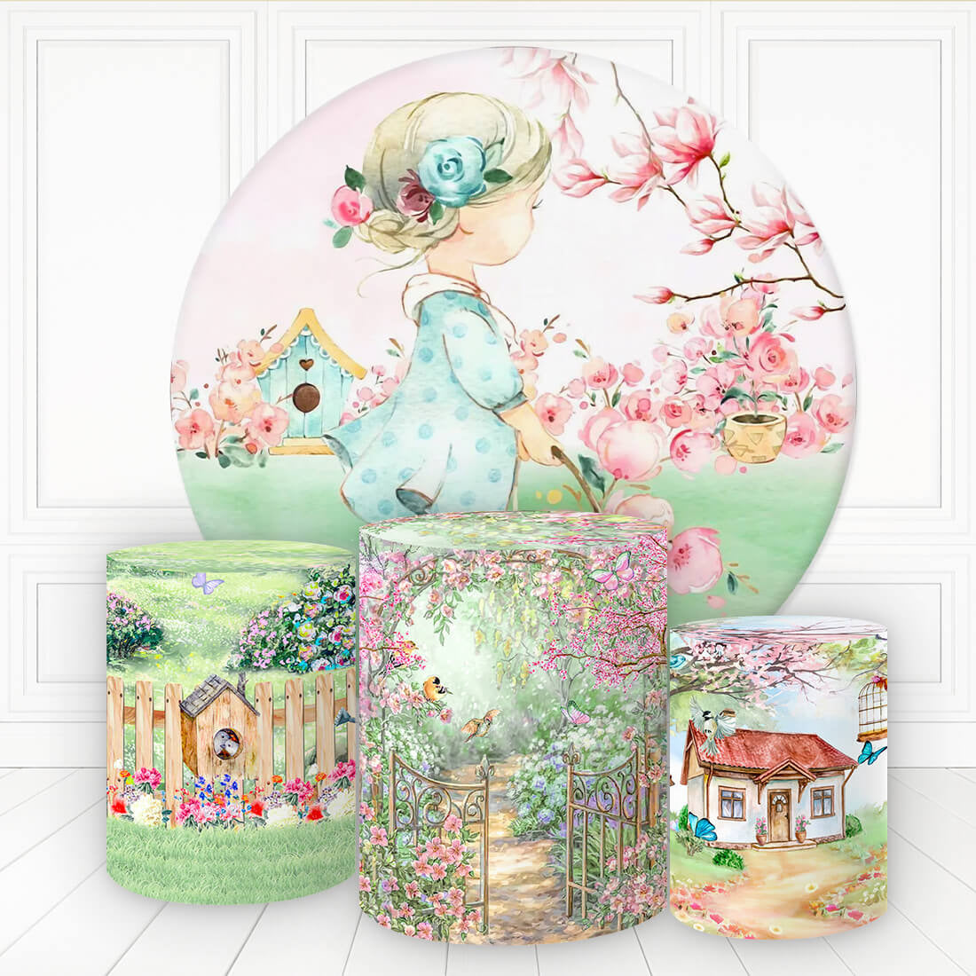 Aperturee Girl In Floral Garden Round Birthday Backdrop Kit For